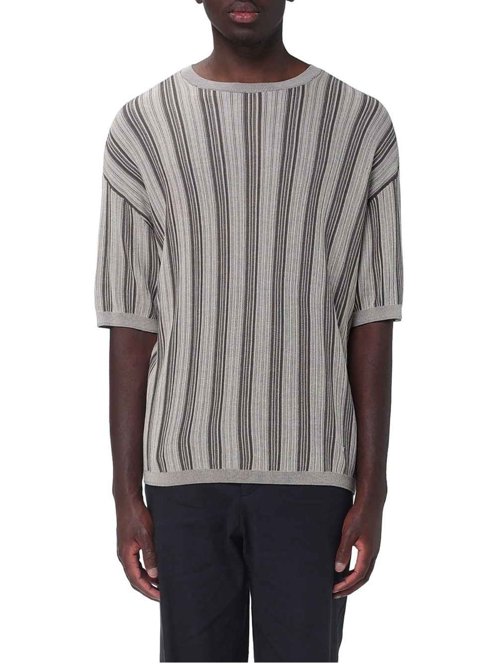 Emporio Armani size Small striped Short-Sleeve Sweater in Brown and Cream